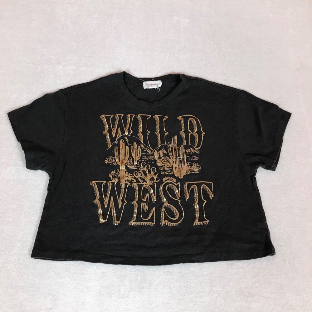 Outlaw Wild West Cactus Black Cropped Cotton Tee Medium